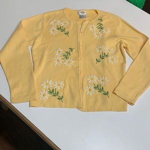 Talbots button down yellow sweater with embroidered daisies